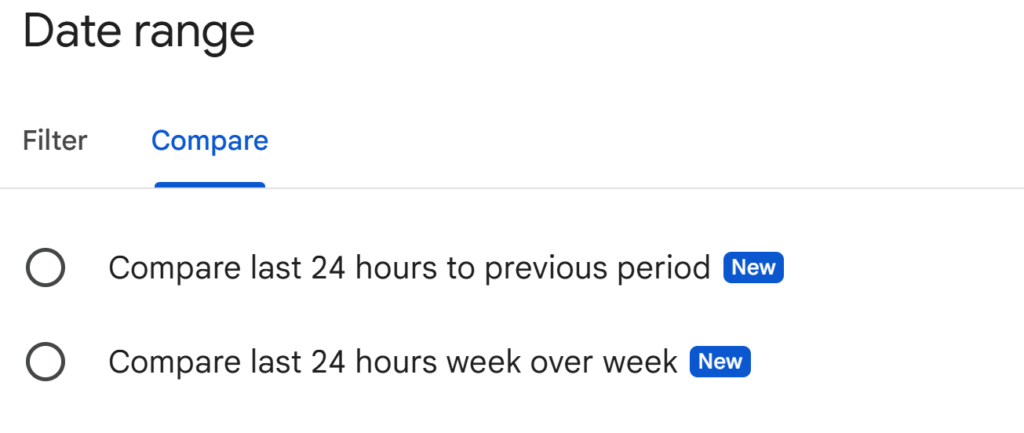 مقارنة آخر 24 ساعة في Google Search Console